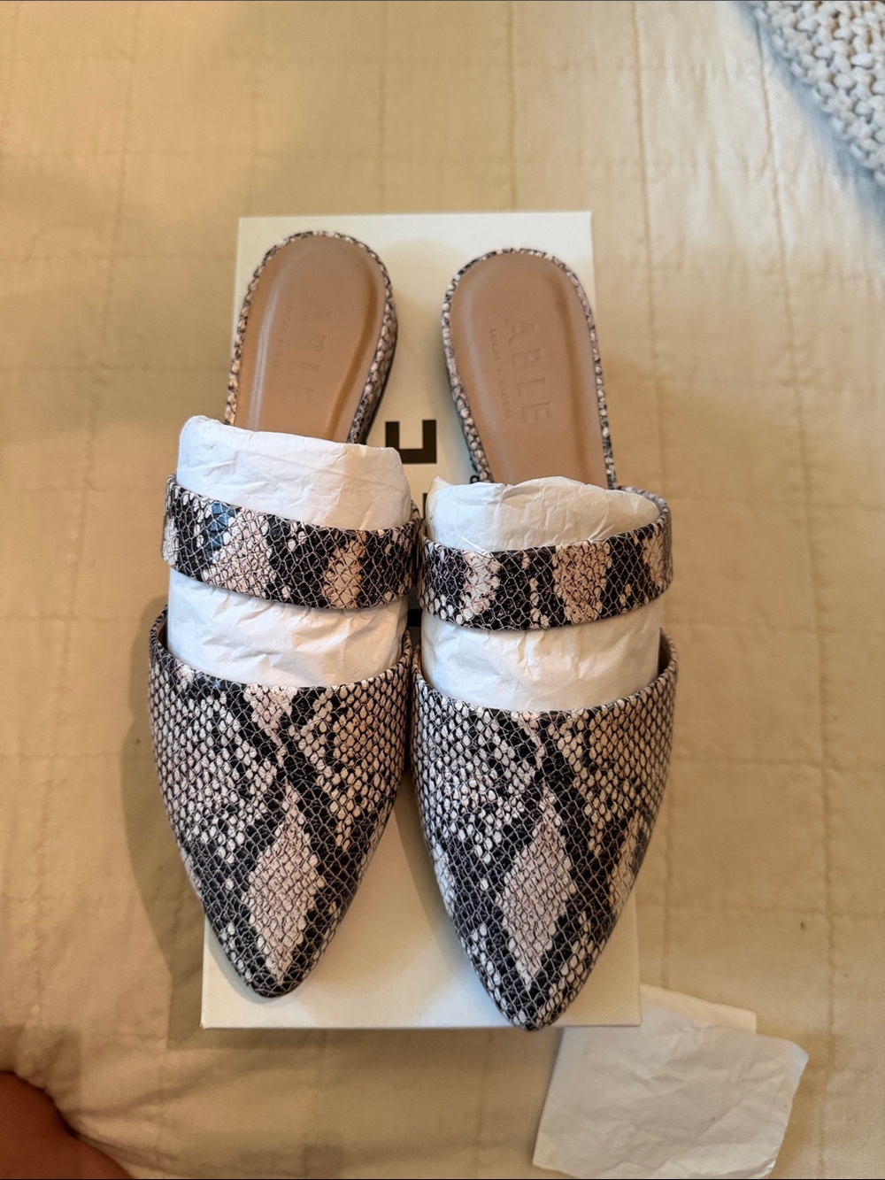 Able Snake-Print Pointed Slide Mules in Beige and Black